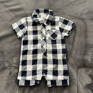 Mudpie 0-6 month Dark Navy and White Checker Button Down Shortalls